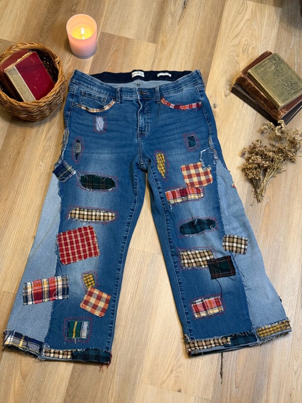 Upcycled Patchwork Jeans | Wide Leg Patched Denim | Visible Mending Art - Picture 2 of 11